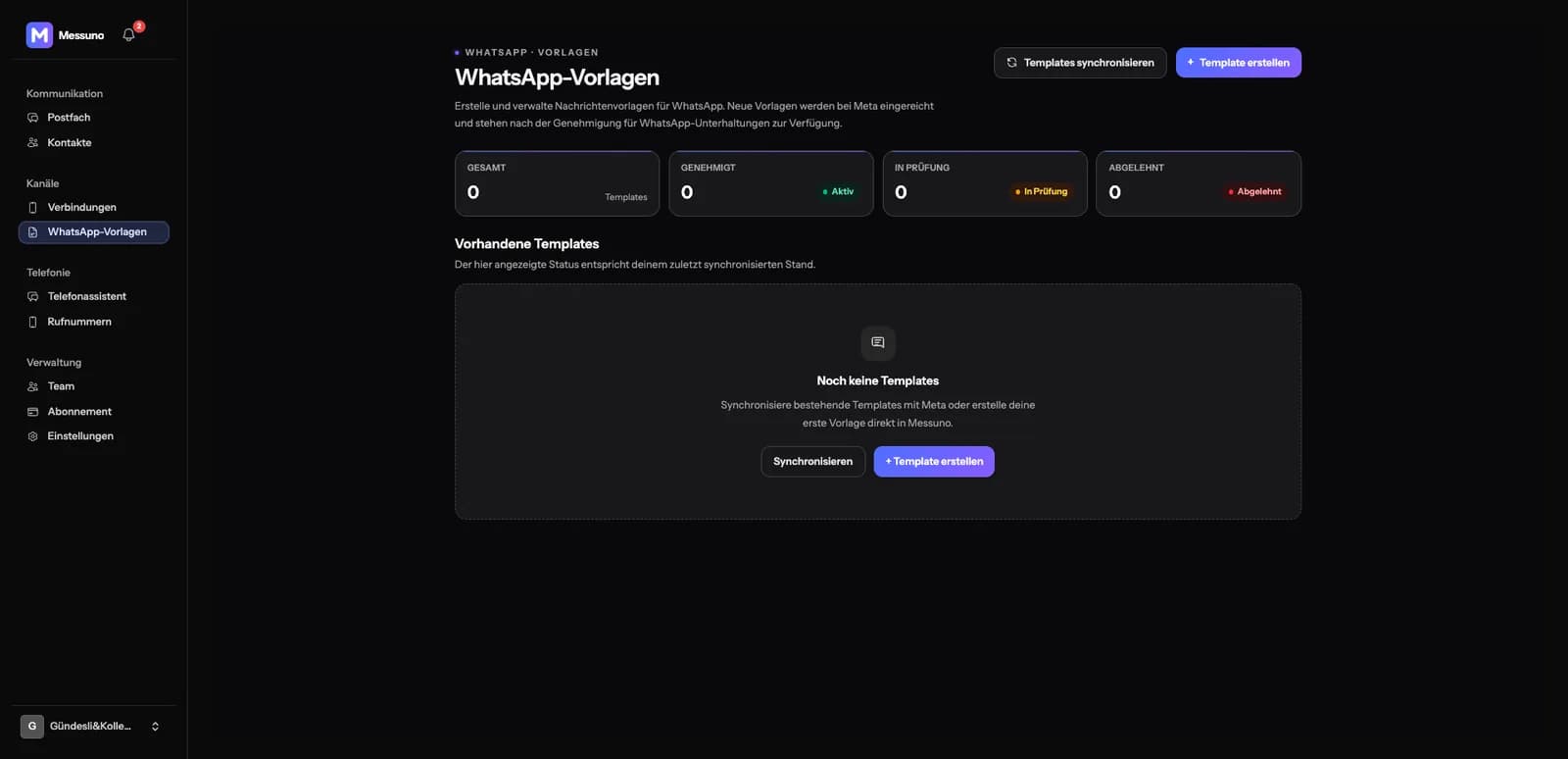 Verwaltung von WhatsApp-Vorlagen in Messuno